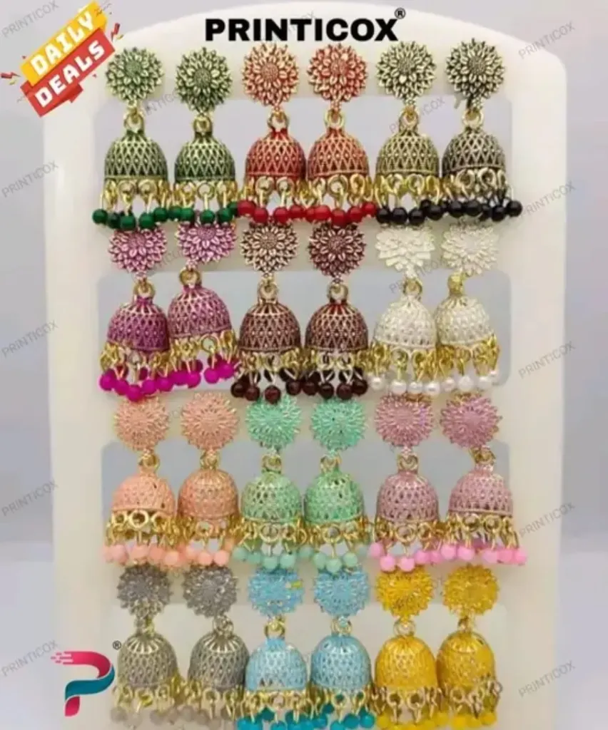 Earring Jhumki New Fancy Oxidize Small Jhumki Earring For Women&Girls (Combo of 12Pcs Colore) in color green, red, black, pink, maroom, white, peach, pista, baby pink, grey, aqua, yellow.