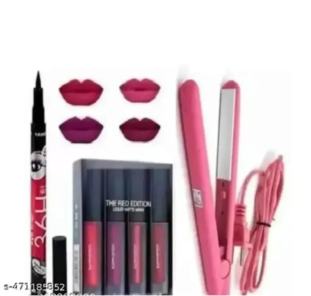 4Pcs Lipstick, 1 Eyeliner, With Hair Straightener Best Combo Offer