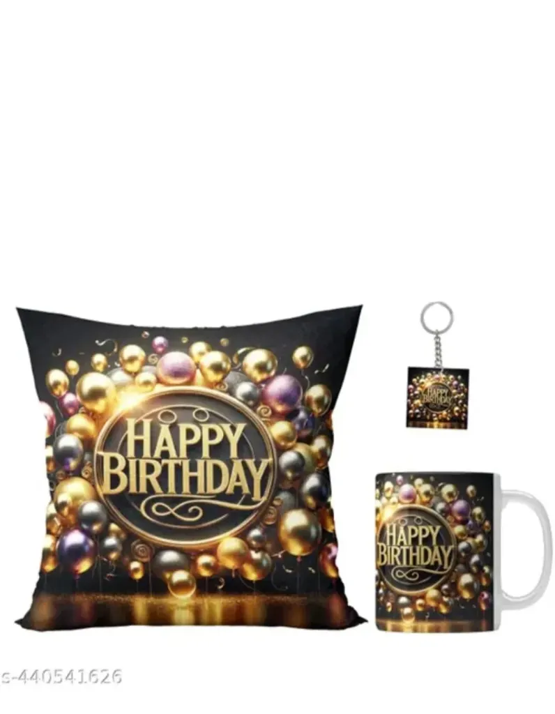 Happy birthday black 083 printed gift set of ceramic mug (330MI) Bundeld with cushion Cover (12X12) With filler and keychain set of 3 Pcs