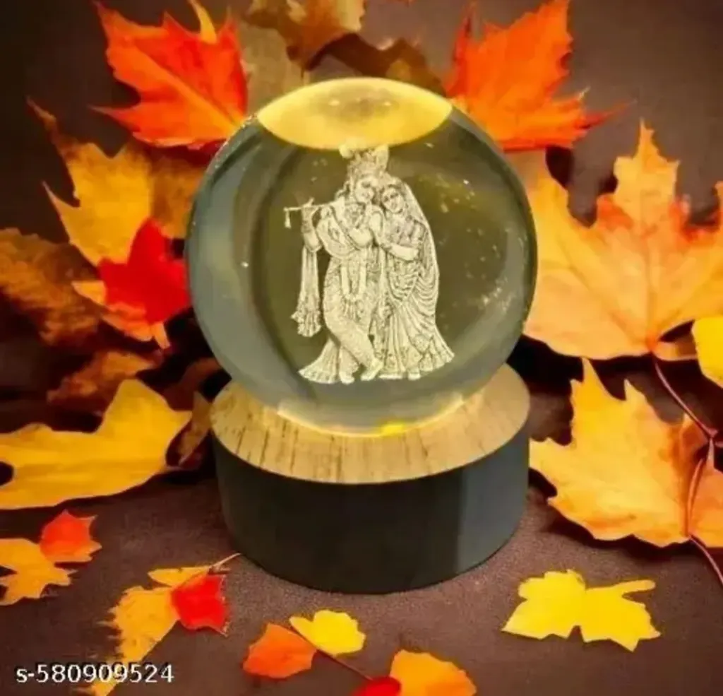 3D crystal Ball Night with wooden base radha krishna Aesthetic Clear Led lamp for home and bedroom touch switch warm light for kids and teens perfect birthday & anniversary