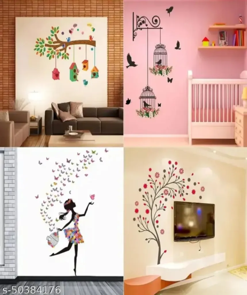 Set of 4 wall sticker Dream Girl | Bird house on a branch | flying Bird with cage | Magical tree wall and door decoration sticker