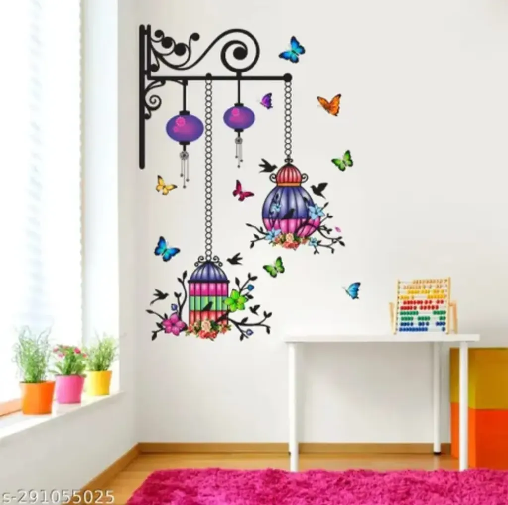 Hanging birds cage colorful branches wall sticker